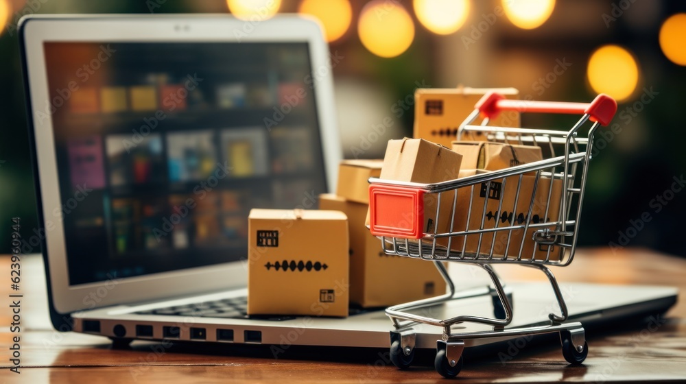 Package boxes in a cart with a laptop computer for an online shopping concept