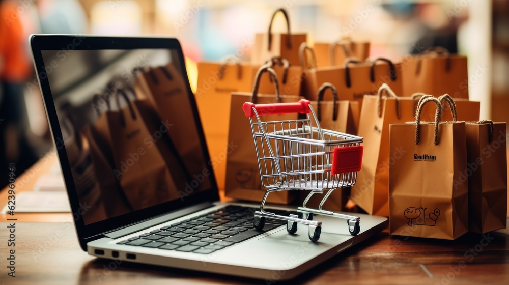 Package boxes in a cart with a laptop computer for an online shopping concept Package boxes in a cart with a laptop computer for an online shopping concept