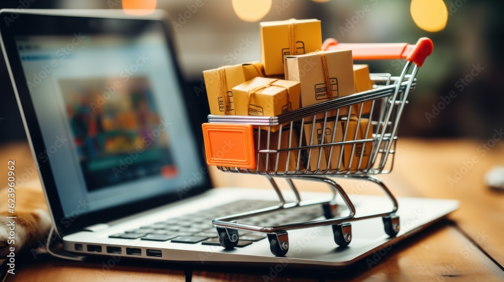 Package boxes in a cart with a laptop computer for an online shopping concept