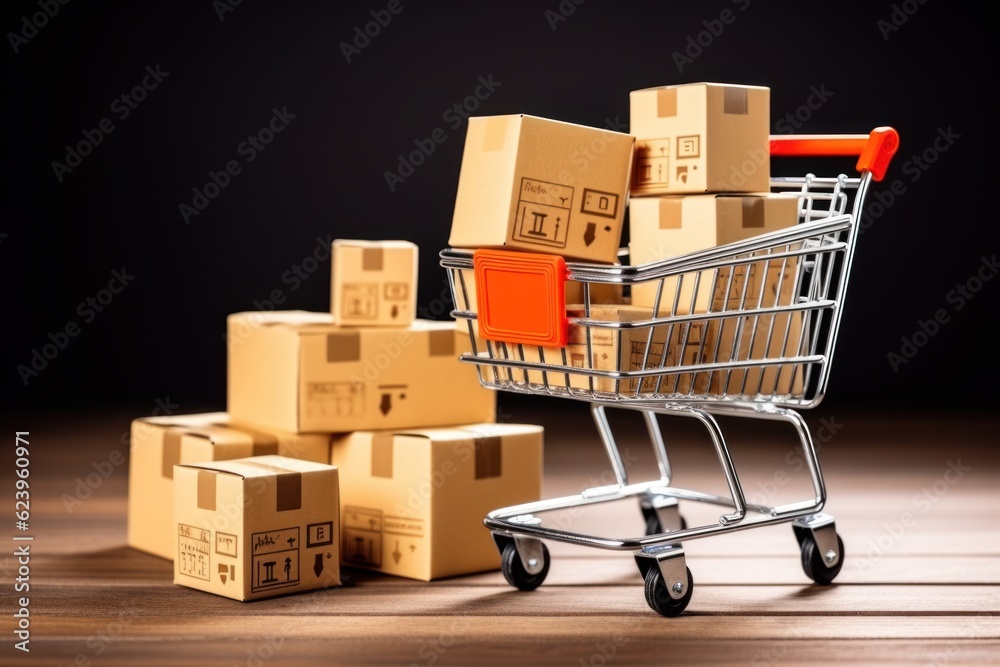 Package boxes in a cart with a laptop computer for an online shopping concept Package boxes in a cart with a laptop computer for an online shopping concept