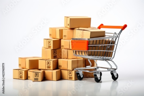 Online shopping and presenting concept - shopping cart with packaging boxes isolated on white background.