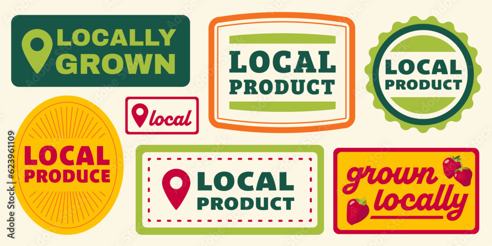 Local product graphic icon collection. Locally grown and local produce stickers and logo vector illustrations. 