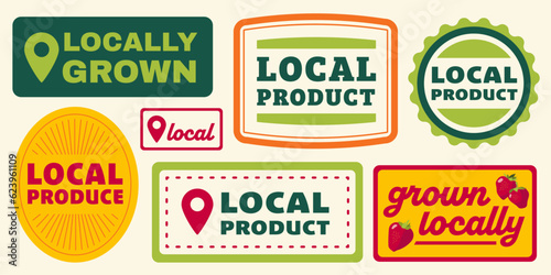 Local product graphic icon collection. Locally grown and local produce stickers and logo vector illustrations.  photo