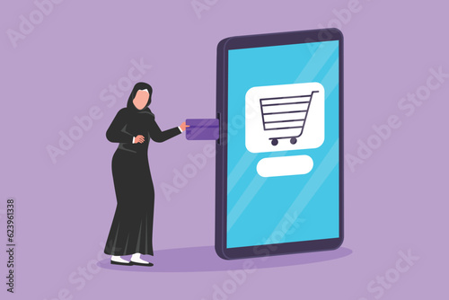 Graphic flat design drawing beauty Arab woman inserting credit card into big smartphone screen with shopping cart inside. Digital payment and online store technology. Cartoon style vector illustration