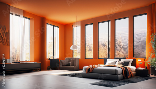 modern living room with fireplace, modern living room with a window, a modern bedroom, modern architeture ,orange color building structure,Ai Generate  photo