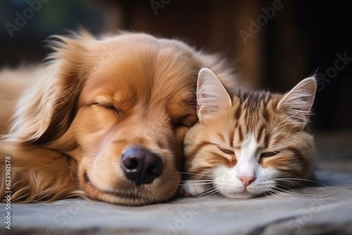 ping dog and cat on bed sleeping together. Generative AI