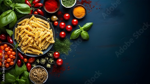 Colorful array of pasta ingredients spread out such as basil, penne pasta, fusilli, cherry tomatoes, olives, jalapeños, pine nuts on dark blue background. Created with Generative AI Technology. 