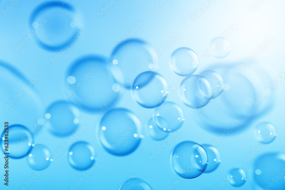 Beautiful Transparent Blue Soap Bubbles Floating in The Air. Abstract Background, Celebration Festive Backdrop, Refreshing of Soap Suds Bubbles Water.	