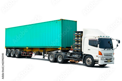Semi Trailer Trucks Isolated on White Background. Shipping Cargo Container, Delivery Trucks, Distribution Warehouse. Import- Export, Freight Trucks Cargo Transport. Warehouse Logistics.