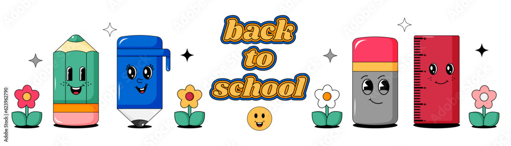 Obraz premium Back to school cartoon characters in retro groovy 70s style. Pencil, pen, eraser and ruler on white background. Psychedelic collection of hippie design elements. Contemporary vector illustration..
