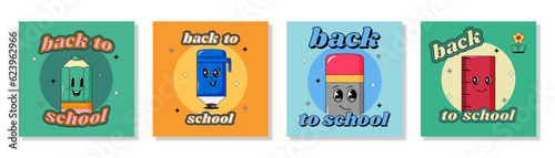 Back to school cartoon characters in retro groovy 70s style. Pencil, pen, eraser and ruler. Set od design for poster, banner anf flyer. Contemporary vector illustration.