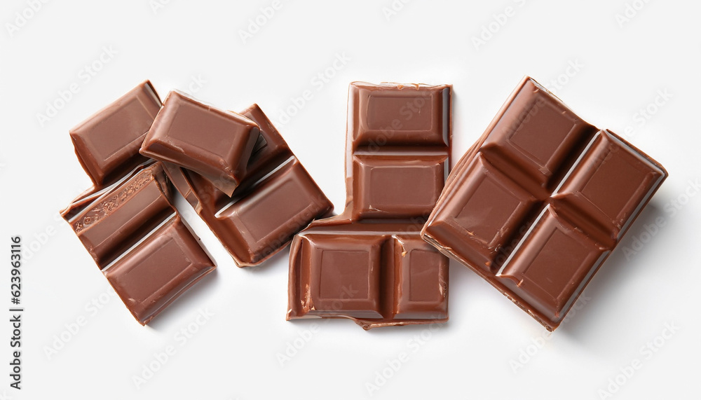 Pieces of delicious milk chocolate bars on white background, top view