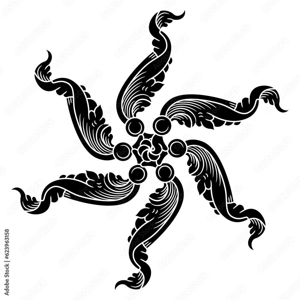 Round spiral star shape mandala with floral motifs. Medieval Russian folk style. Black and white silhouette.