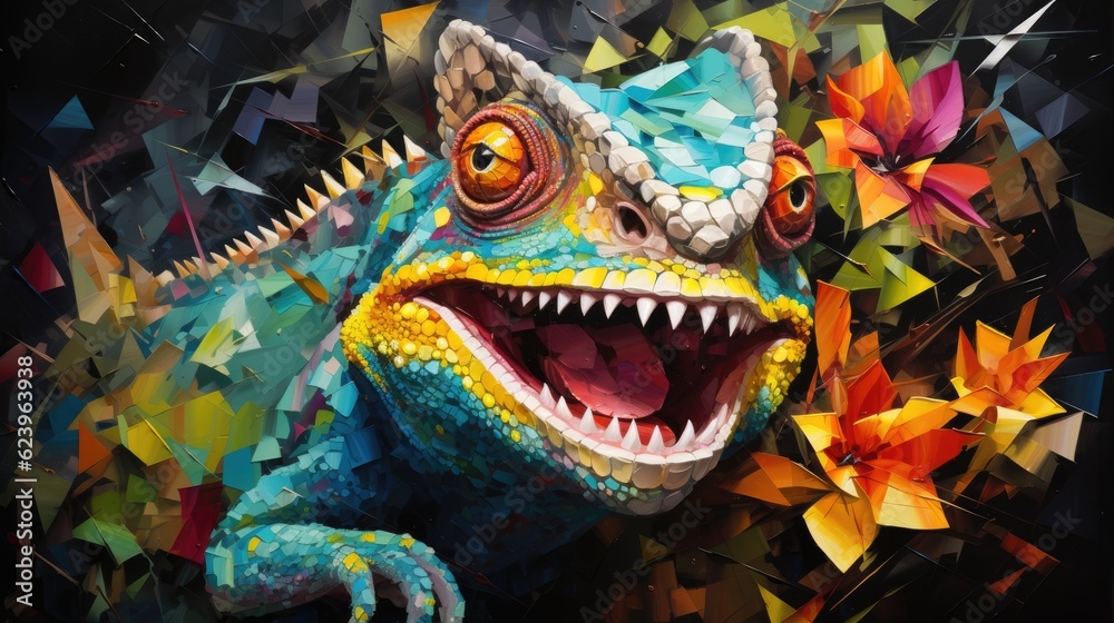 Chameleon with fairytale fantasy in fairy and dreamy forest colorful butterflies and flowers background. Kids and baby children illustration fairytale color book. Generative AI Chameleon with fairytale fantasy in fairy and dreamy forest colorful butterflies and flowers background. Kids and baby children illustration fairytale color book. Generative AI