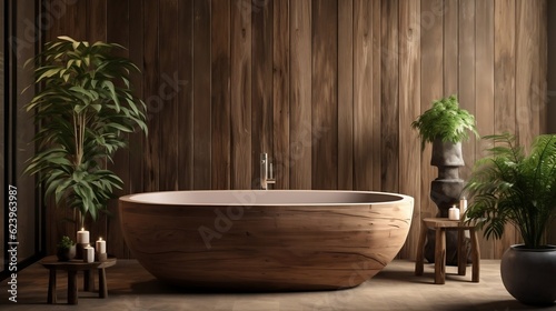 The rustic interior design of the modern bathroom with wooden walls and bathtub generative ai