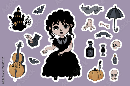 Halloween cute stickers. Dancing pretty girl, creepy mystical house with bat, cello, rum, skull and crossbones, pumpkin and hand thing. Vector illustration. Isolated colored drawn for festive design