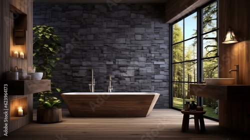 The rustic interior design of the modern bathroom with wooden walls and bathtub generative ai