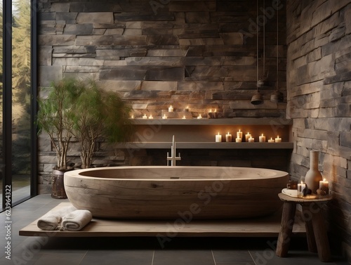 The rustic interior design of the modern bathroom with wooden walls and bathtub generative ai