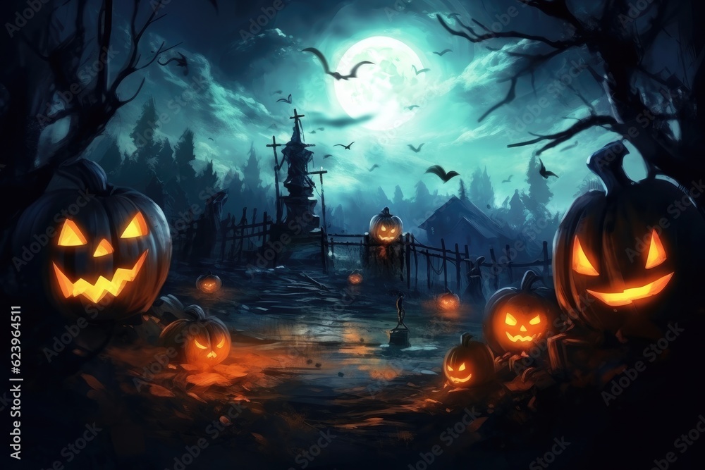 Illustration of Halloween Backdrop, Pumpkins In Graveyard In The Spooky Night, Generative AI