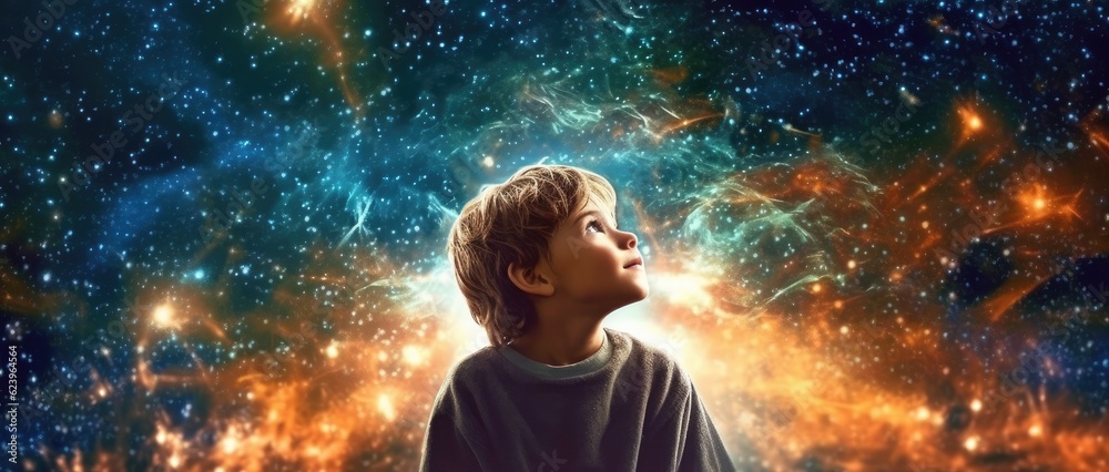 Illustragion of beautiful scenery showing the young boy girl among glowing planets and star in the night sky, dreaming or hope concept, Generative AI