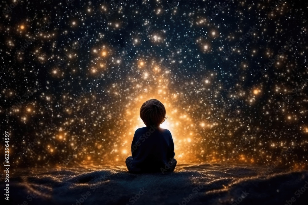 Illustragion of beautiful scenery showing the young boy girl among glowing planets and star in the night sky, dreaming or hope concept, Generative AI Illustragion of beautiful scenery showing the young boy girl among glowing planets and star in the night sky, dreaming or hope concept, Generative AI