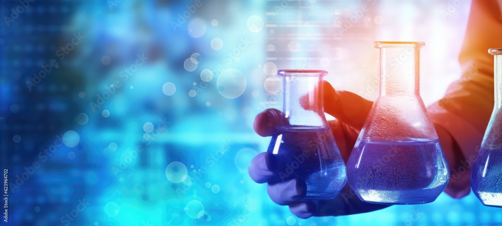 Illustration of Modern Medical Research Laboratory with Microscope and Test Tubes with Biochemicals on the Desk, Generative AI Illustration of Modern Medical Research Laboratory with Microscope and Test Tubes with Biochemicals on the Desk, Generative AI