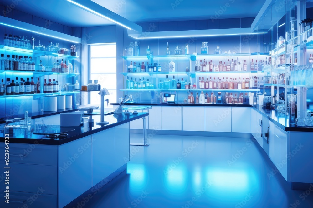 Illustration of Modern Medical Research Laboratory with Microscope and Test Tubes with Biochemicals on the Desk, Generative AI Illustration of Modern Medical Research Laboratory with Microscope and Test Tubes with Biochemicals on the Desk, Generative AI