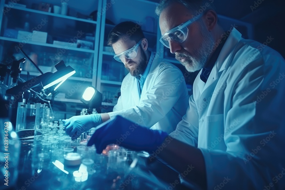 Illustration of Modern Medical Research Laboratory with Microscope and Test Tubes with Biochemicals on the Desk, Generative AI Illustration of Modern Medical Research Laboratory with Microscope and Test Tubes with Biochemicals on the Desk, Generative AI