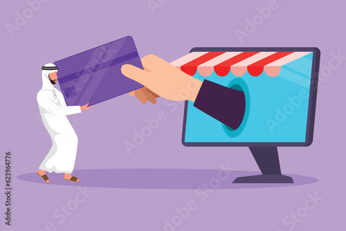 Cartoon flat style drawing Arab man inserting credit card into big canopy monitor computer screen and accepted by hand. Digital payment technology and online store. Graphic design vector illustration