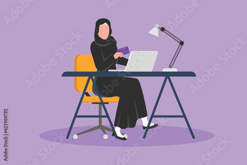Cartoon flat style drawing young Arabian woman sitting on chair and typing entering credit card code on laptop around desk. Digital payment, online store technology. Graphic design vector illustration