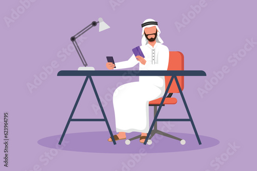 Character flat drawing Arab man sitting at desk and typing entering credit card code on smartphone. Online store, e-shop, e-commerce, digital payment tech concept. Cartoon design vector illustration