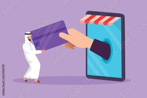 Cartoon flat style drawing Arabian man inserting credit card into large canopy smartphone screen and accepted by hand. Digital payment technology and online store. Graphic design vector illustration
