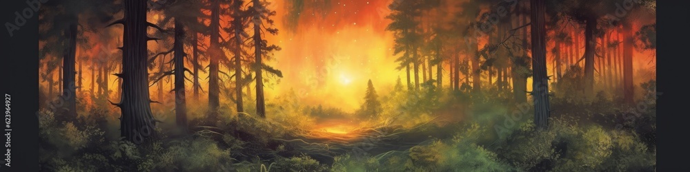 illustration of panorama of beautiful forest landscape in mountains. grassy field and rolling hills. rural scenery, Generative AI illustration of panorama of beautiful forest landscape in mountains. grassy field and rolling hills. rural scenery, Generative AI