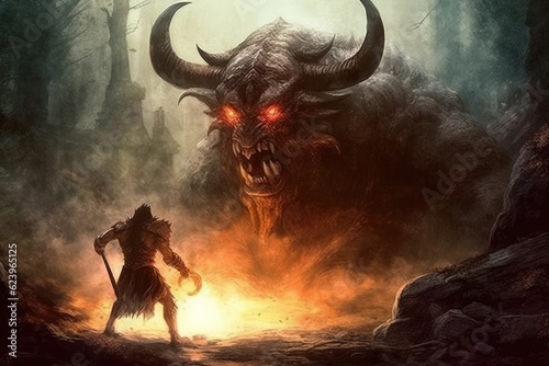 Illustration of hero facing devil monster, Generative Ai © tonstock