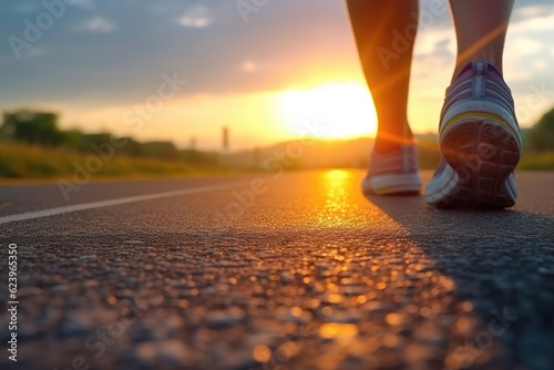 Close up of runner with running shoes on the road and the sunrise, Generative AI