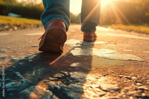 Close up of runner with running shoes on the road and the sunrise, Generative AI