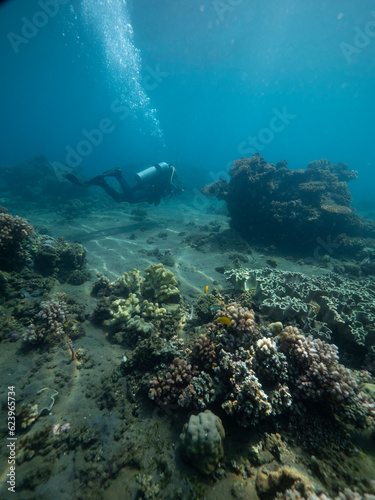Scuba diver observes turquoise depths of tropical ocean