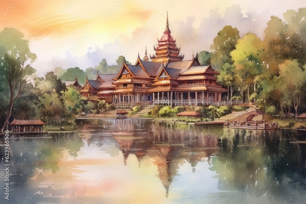 Naklejka premium Illustration of painting watercolor seascape, vacation and tourism in summery, Generative AI