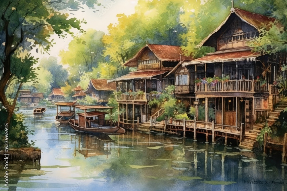 Illustration of painting watercolor seascape, vacation and tourism in summery, Generative AI Illustration of painting watercolor seascape, vacation and tourism in summery, Generative AI