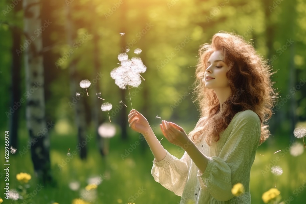 Illustration of Beautiful Young Woma on the field in green grass and blowing dandelion. Generative AI Illustration of Beautiful Young Woma on the field in green grass and blowing dandelion. Generative AI