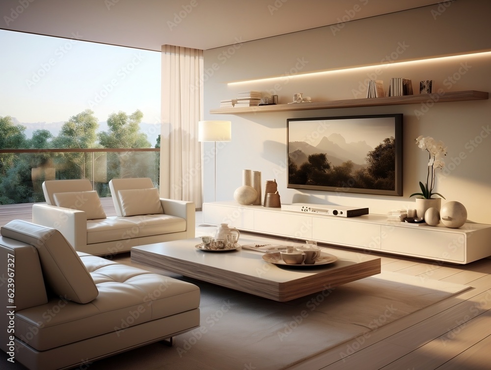 Fototapeta premium Minimalist style interior design of the modern living room with tv generative ai