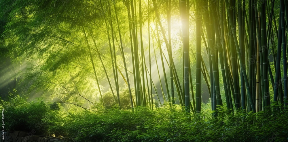 Bamboo forest with sun shining through the leaves in the morning Bamboo forest with sun shining through the leaves in the morning