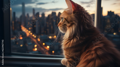 Cat looking out of a high-rise apartment window Generative AI © kitti