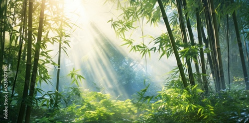 Bamboo forest with sun shining through the leaves in the morning 