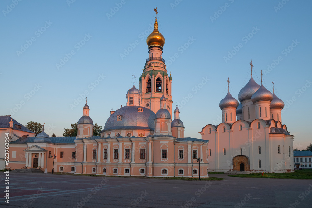 Resurrection and St. Sophia Cathedrals in early August morning. Kremlin Square, Vologda. Russia