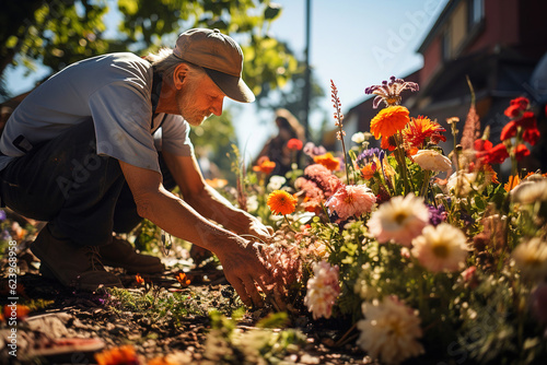 A retired gardener grows flowers in his backyard. Generative AI