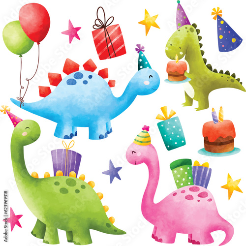 Watercolor illustration set of cute colorful dinosaurs and birthday party elements