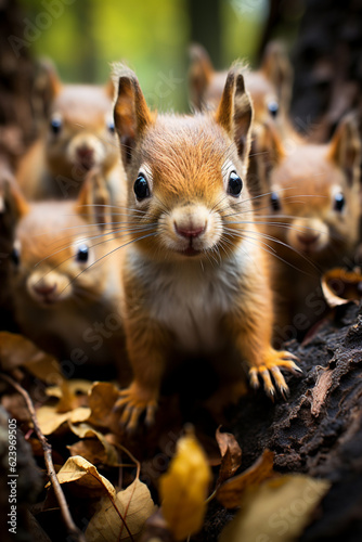 Many baby squirrels portrait in forest park looking at camera with a curious, funny, surprised look, funny, humorous wild animals, wide angle photography. Positive concept. Generative AI Technology © Valeriia