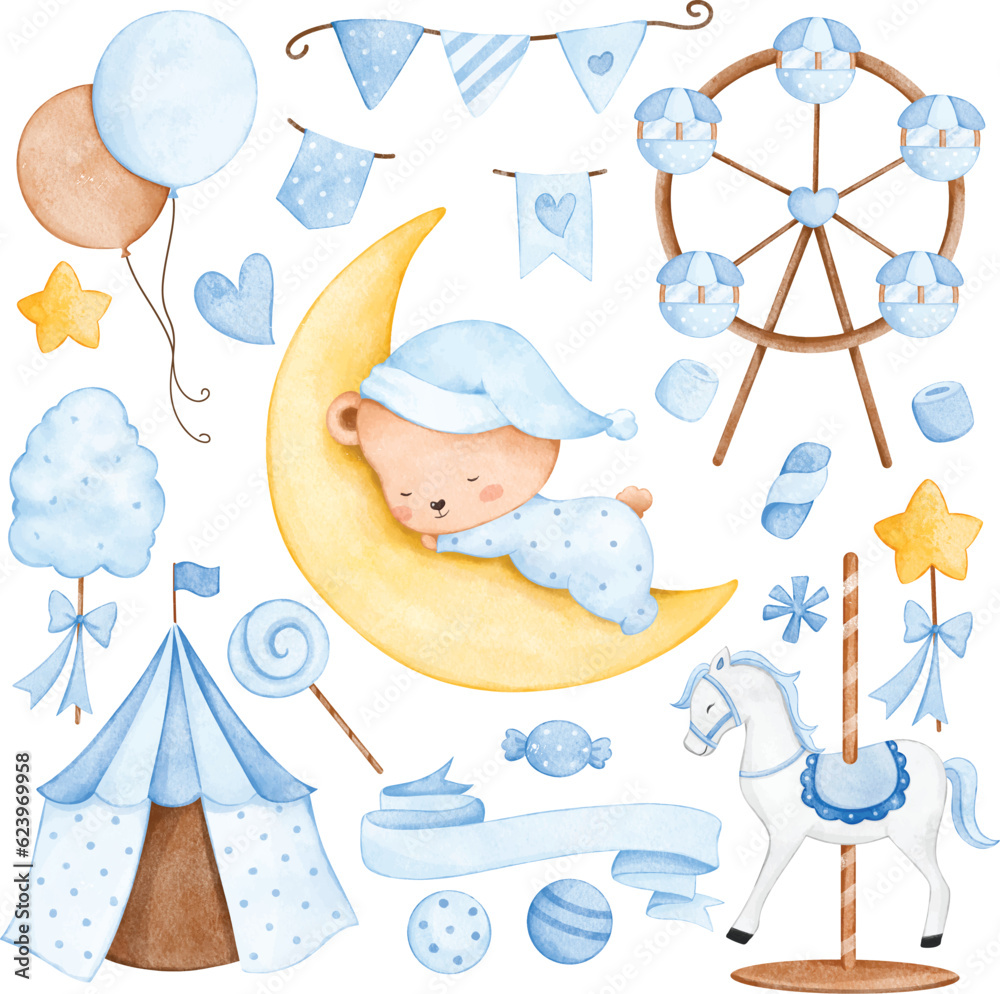 Naklejka premium Watercolor illustration set of cute nursery clipart for baby boy