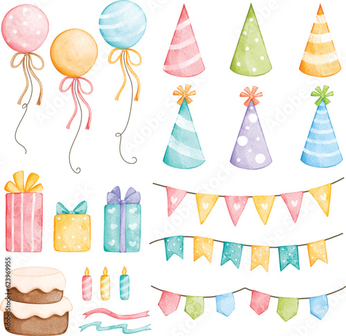 Watercolor illustration set of birthday party elements